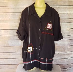 Black Button Front Embroidered Top